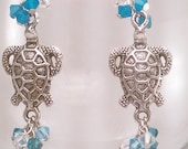 Earrings Sea Turtle Dangle Blue Swarovski Crystals Cluster Charm Ocean Colors Antique Silver SALE 00339