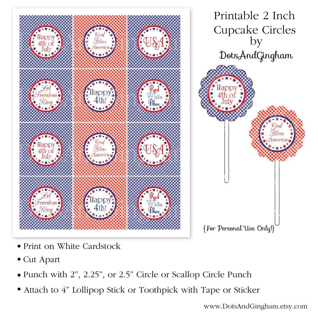 Patriotic 4th of July Cupcake Toppers - July 4th Printable Cupcake Topper 4th of July 2 Inch Cupcake Circles-Red White Blue Cupcake Topper