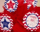Patriotic 4th of July Cupcake Toppers-July 4th Cupcake Toppers-Red White Blue Cupcake Topper-Printable Chevron 4th of July Cupcake Circles