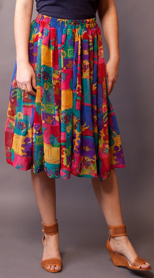 Colorful 1980s full sheer flowy skirt. Small/Medium