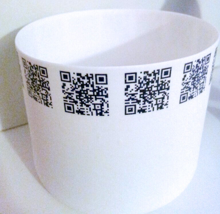 Stoneware English fine bone china round vessel & QR code ceramic transfer. Very thin and translucent.