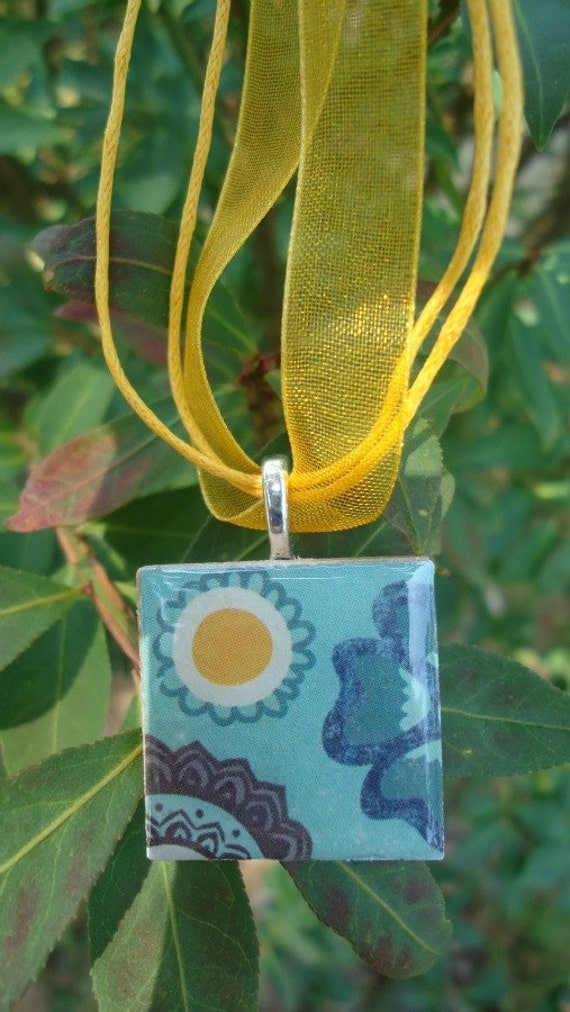 Bright Blue with Sun & Flower, Unique Tile Pendant Necklace