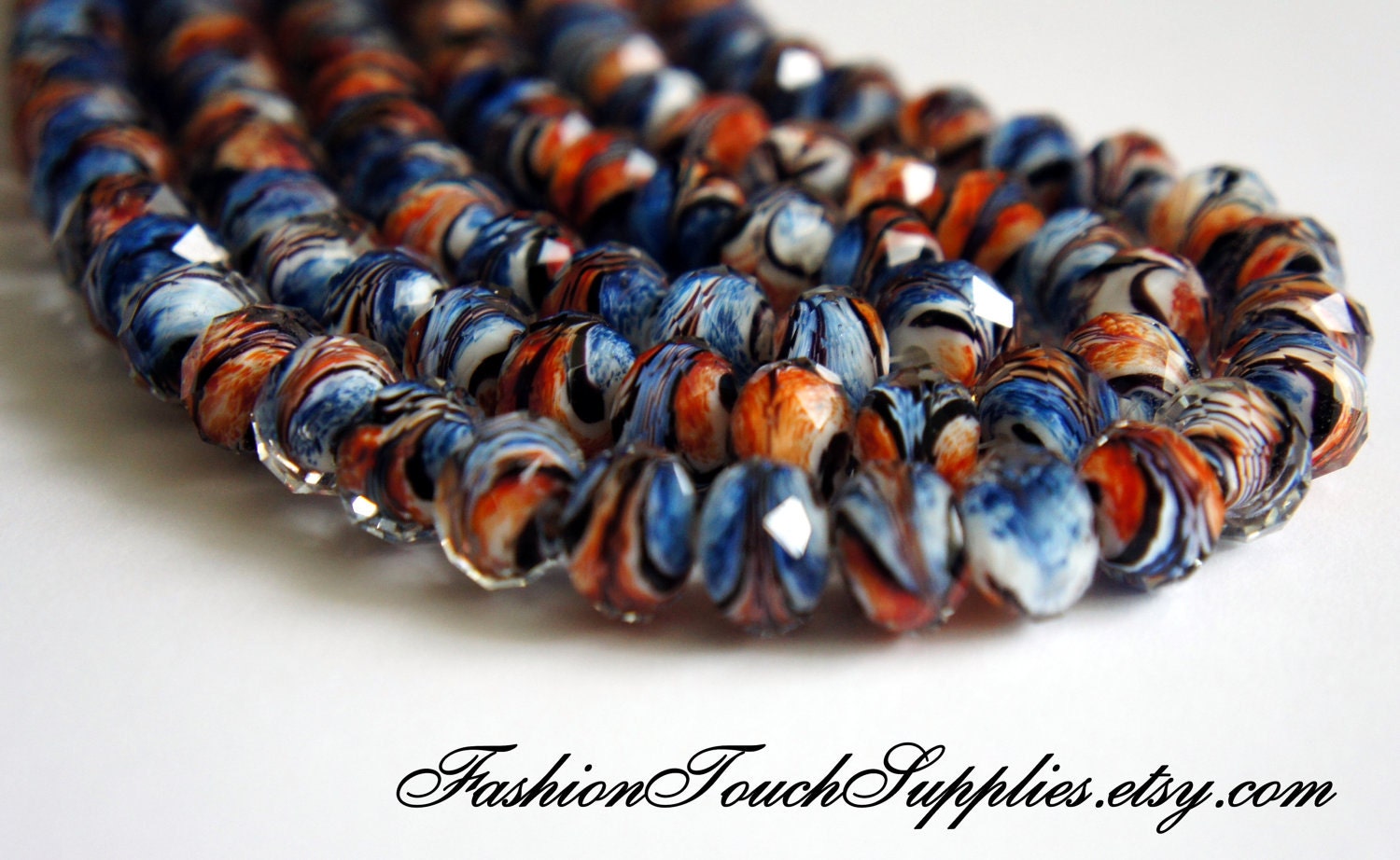 Glass Beads, Bead, Supplies, Czech glass Blue, orange,black, white Murano Czech Glass Faceted Art Beads Rondelle oval 15