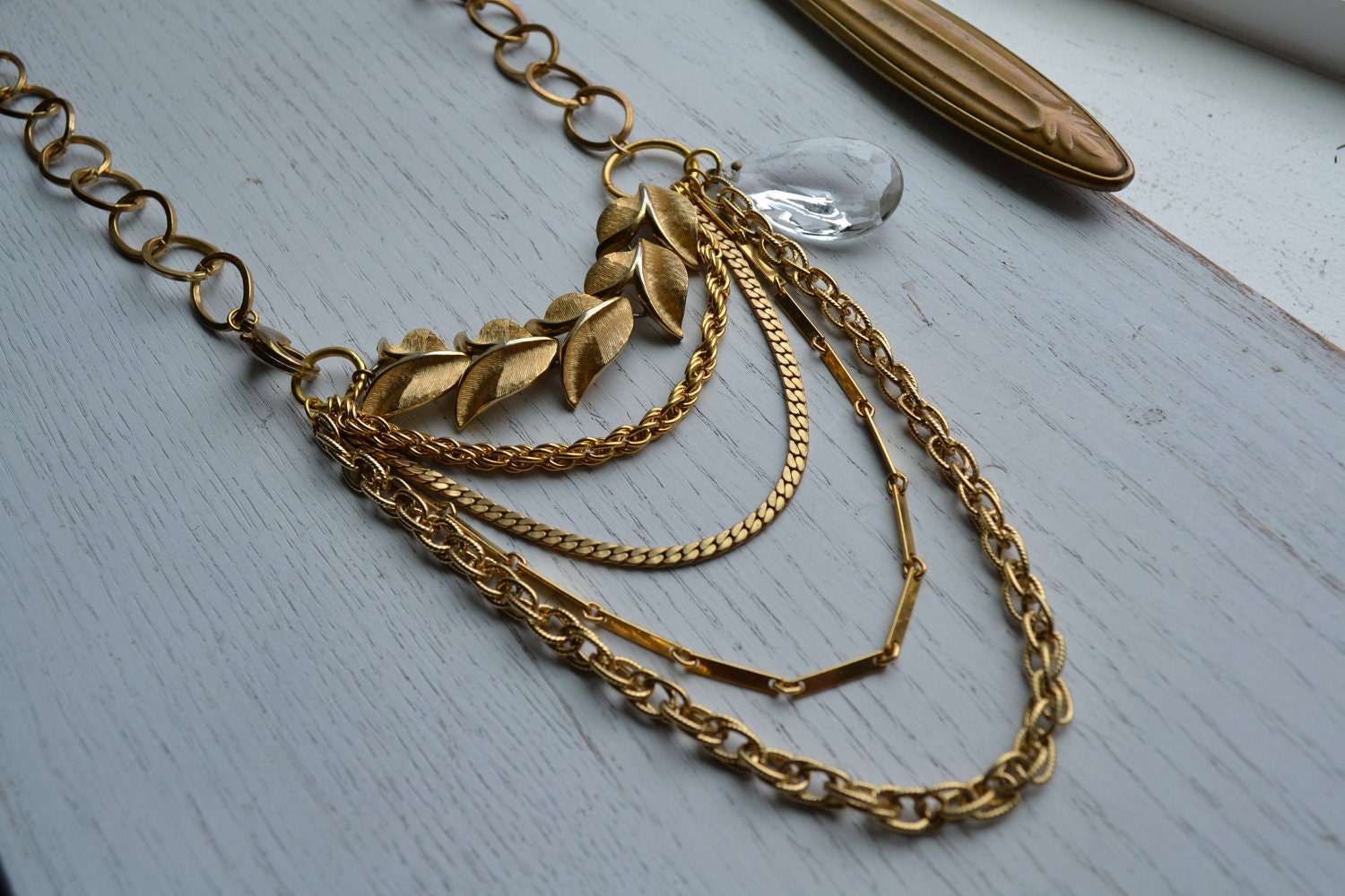 Vintage Chain Swag Statement Necklace, with Reclaimed Crystal Teardrop