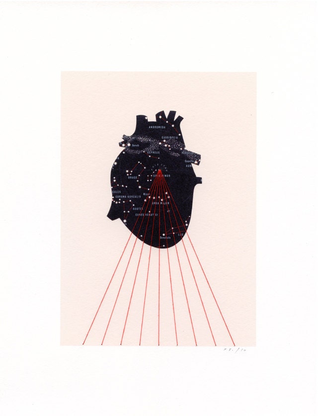 EMBROIDERED PRINT 'Universe Within' / map collage black anatomical star heart red thread