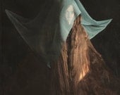 The Great Unveiling - FREE SHIPPING Print Long Hair Mountain Circus Freak Sideshow Scarf Curtain Brown Green Blue Dark Surreal Portrait