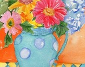 Fun Flower Still Life  Mixed Bouquet in Blue Pitcher  watercolor painting original,   7 X 10