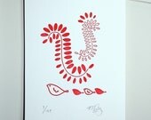 letterpress art print, bird art, mid-century style art, modern style art, letterpress art, birds, mother and babies