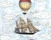 Whale Painting , Collage Mixed Media Painting , Whimsical Painting , Hot Air Balloon Reproduction , 8x10
