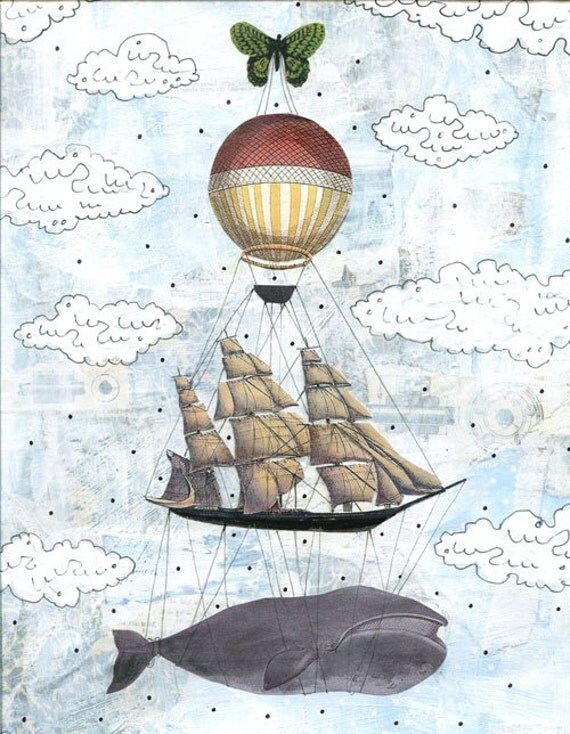Whale Painting , Collage Mixed Media Painting , Whimsical Painting , Hot Air Balloon Reproduction , 8x10. Print 9010