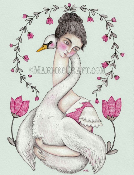 SALE Swan girl art print, "Sister Swan" SALE