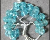 Tree of Life Pendant in Blue Apatite Gemstone and Sterling Silver Wire Caribbean Blue March December Birthday