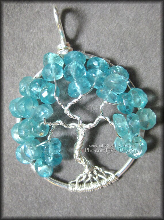Tree of Life Pendant in Blue Apatite Gemstone and Sterling Silver Wire Caribbean Blue March December Birthday