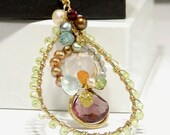 Wire wrapped Mixed Gemstone Pendant - Gold Filled Necklace with Peridot, Amethyst