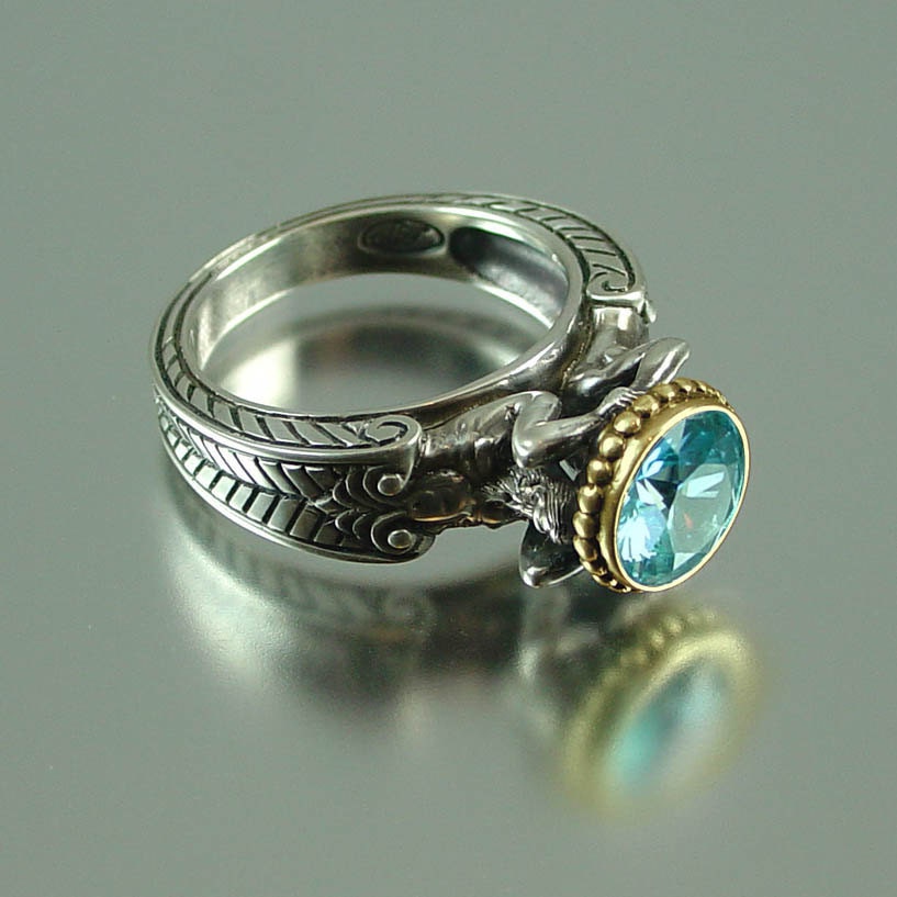 Blue Zircon CARYATID Ring in Silver and 14K gold