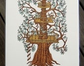 TREEHOUSE LOOKOUT Woodcut Print, Woodblock Print