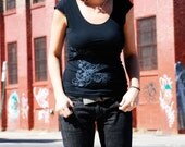 Silkscreen womens tshirt, black cap sleeve, double deco design, S-XL, womans top, graphic tee