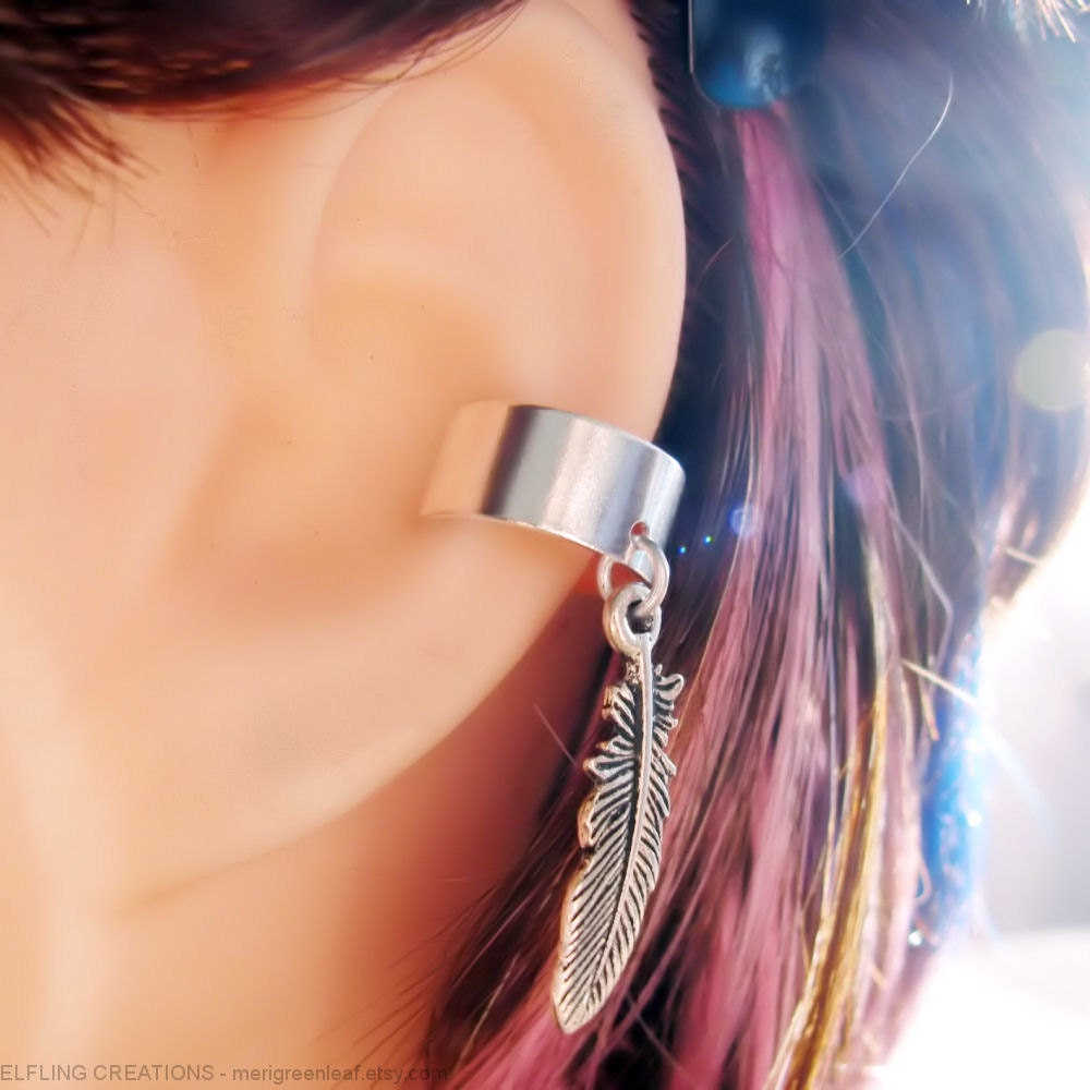Silver Feather Dangle Cartilage Ear Cuff