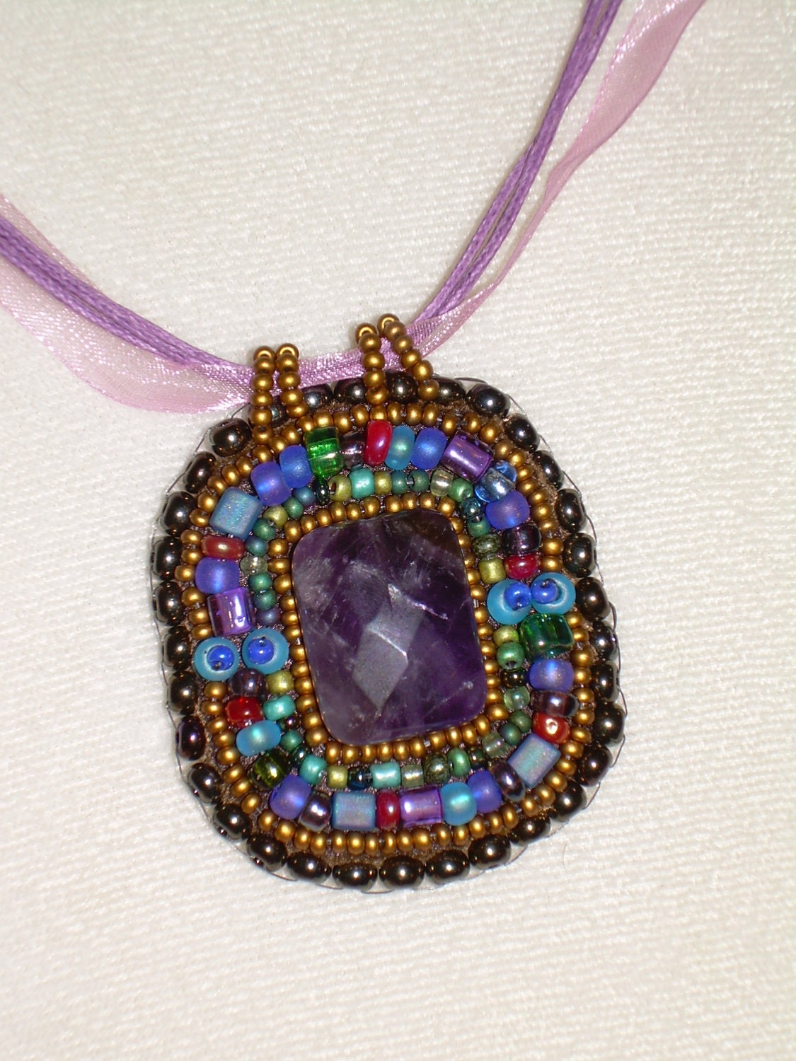 Sale Amethyst Jewel Bead Embroidered Pendant Necklace
