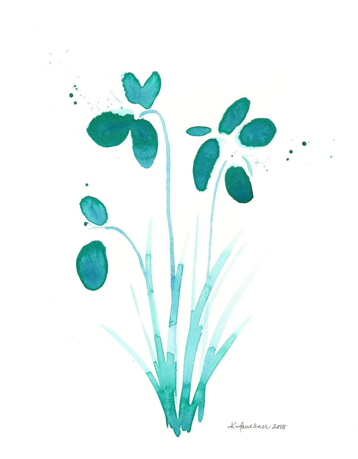 Art Print, Abstract Watercolor Flowers in Teal: Dewdrop Orchids