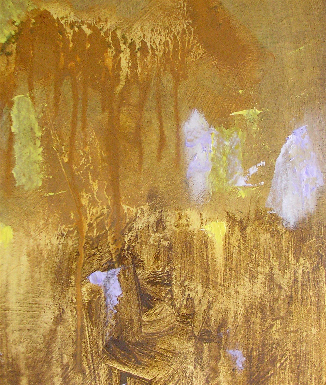 Abstract painting, small autumnal fine art original in gold ochre, light yellow, lilac, 12 x 9 inches