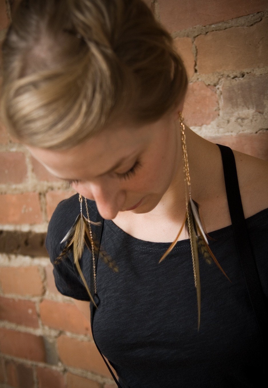 Gold Feather Earrings - Long Gold Feather Earrings -  Neutral Feathes - Heart of Gold
