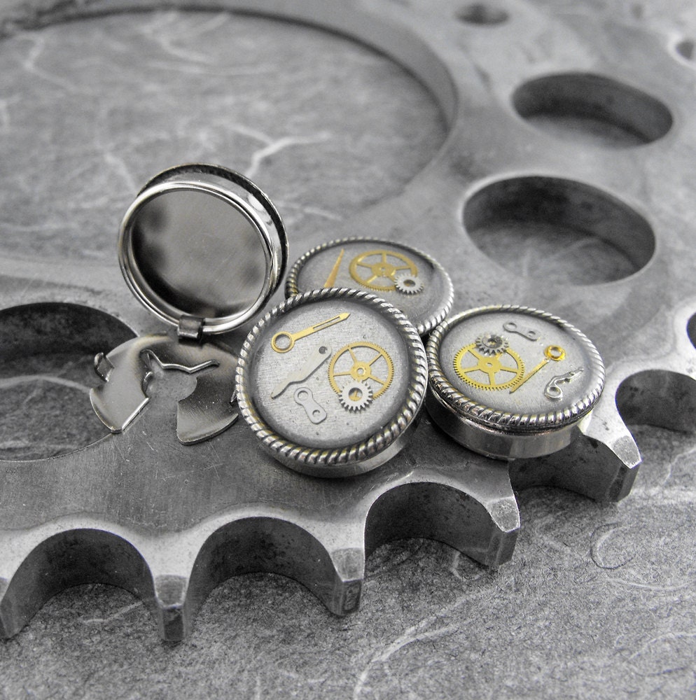 Steampunk Faux Cufflinks Button Covers Set of 4 - Slices of Time on Your Clothes by COGnitive Creations