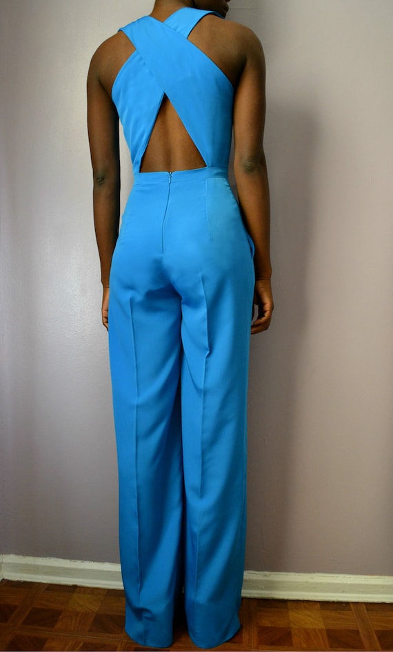Blue Cross Back Wide Leg Jumpsuit