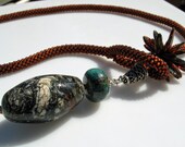 Copper Beaded Lariat Necklace with Lampwork and Turquoise stone
