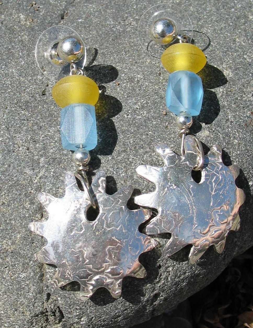 Summer Earrings of Silver Sun Charms and yellow and blue resin beads