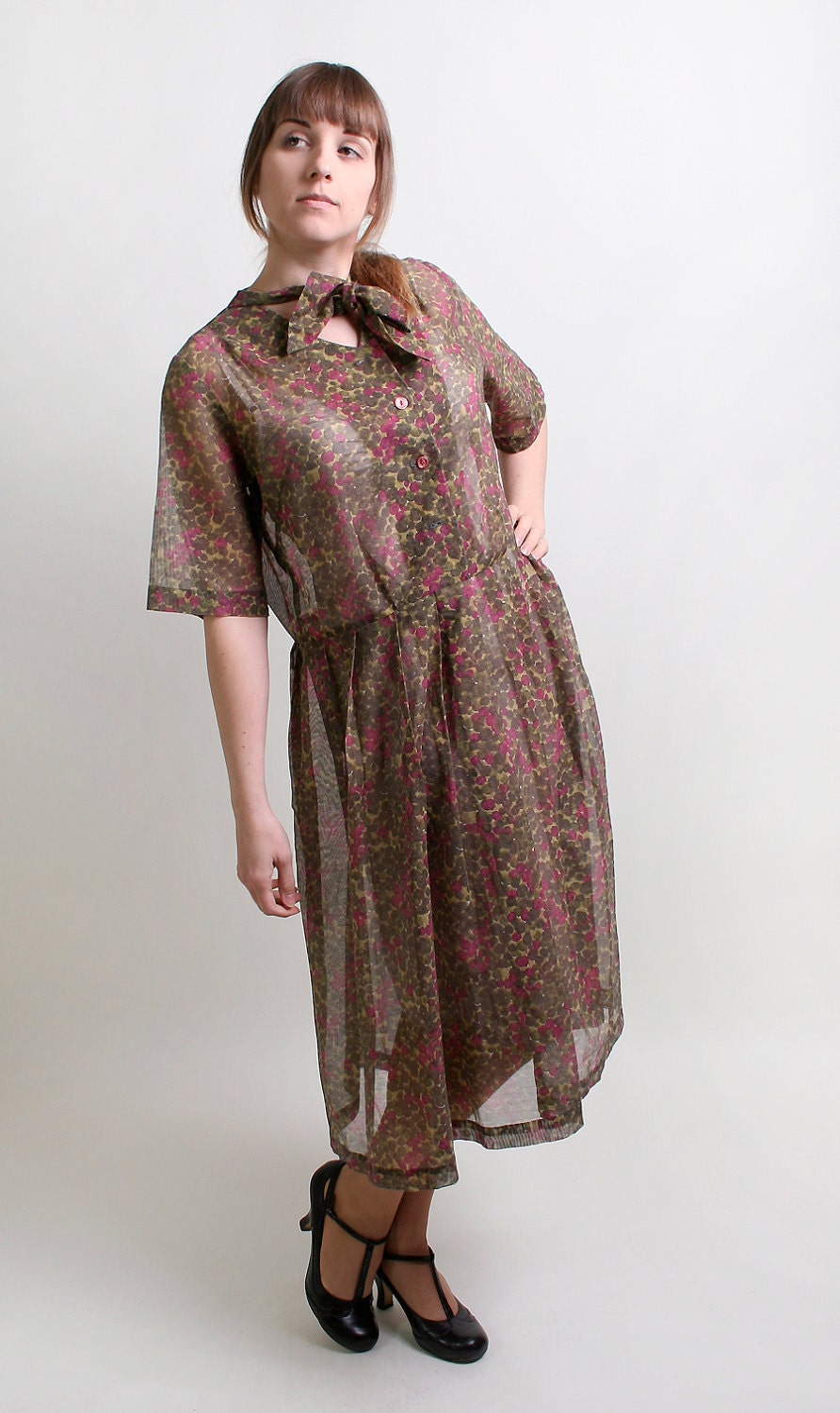 Vintage Floral Dress - Cranberry Red and Olive Green 1950s Virginia Hart Autumn Day Dress - XL 1X