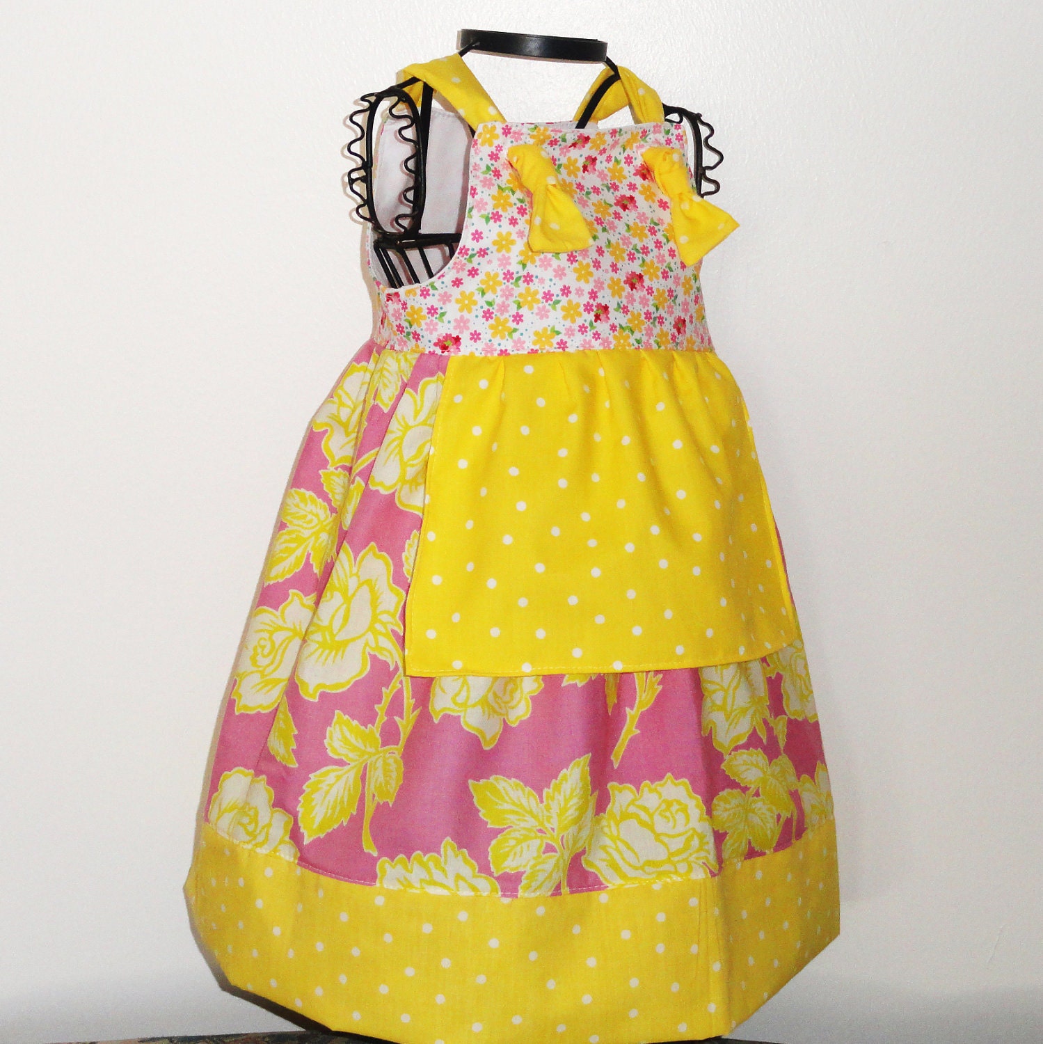 Yellow Roses Girls Apron Knot Dress 12m 18m 24m 2T 3T 4T 5 6
