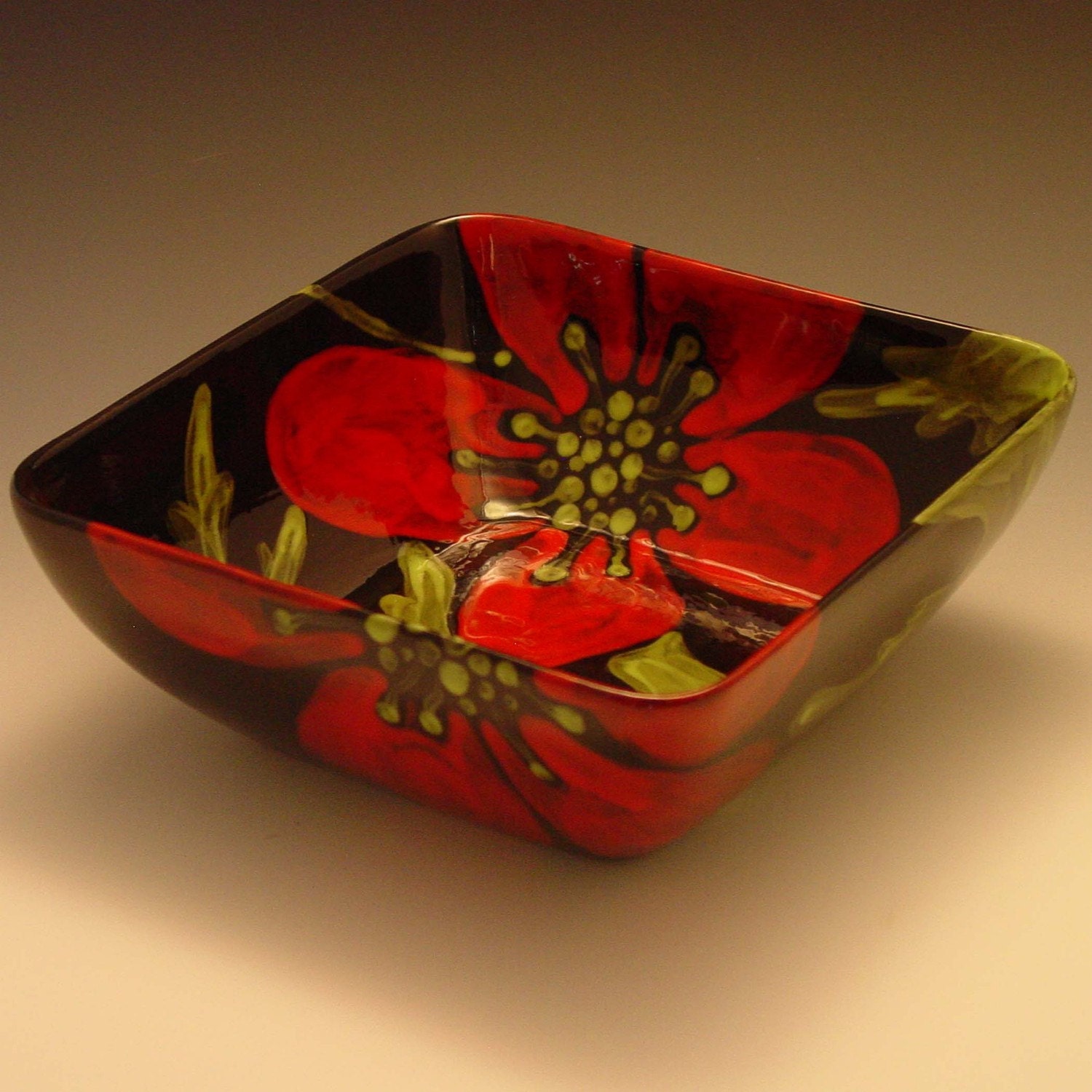 Serving Bowl - Red Poppy Large Square Bowl -  Bold Vibrant Graphic Floral Ceramic Pottery Serving Holiday Home Decor and Gifts RP-211