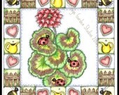 Ladybug Folk Art, Geranium Quilt Block Illustration, Summer, Garden
