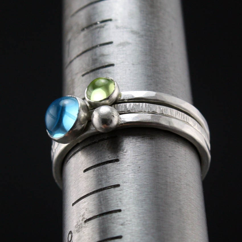 Blue and Green Stacking Silver Rings - Topaz and Peridot, Set of 3