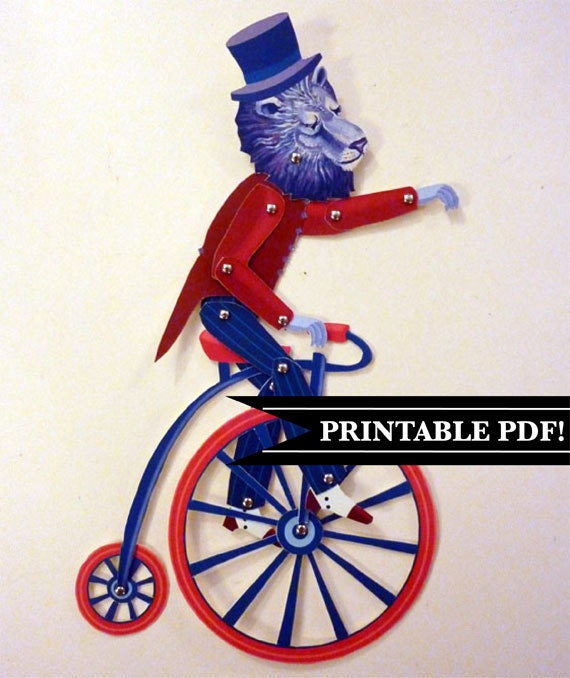 DIY Circus Lion on Pennyfarthing Bicycle, Printable PDF Paper Puppet Doll Set, for Paper Play or Vintage Party Decor