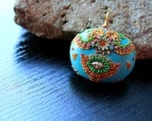 Handmade Lovely Easter Egg Pendant in Blue Green Turquoise with multicolor  Floral details in Gold Fill  - A Summer Affair