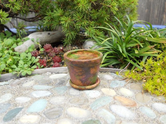 Miniature Garden Pot and Saucer Set, Made in USA, Genuine Terra cotta, Handpainted