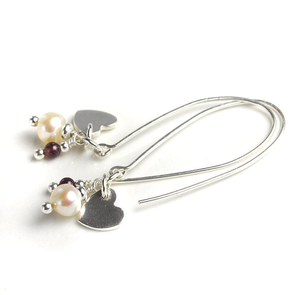 Pearl, Garnet and Silver Long Earrings - 'Victoria' - UK