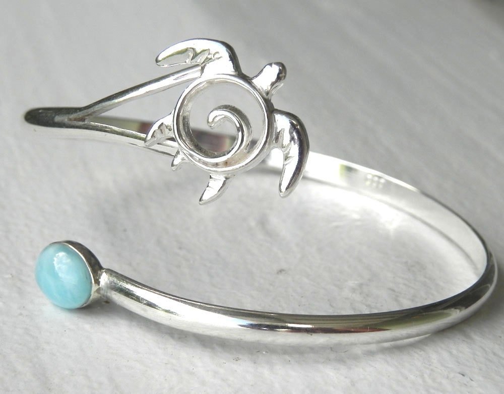 Sea Turtle Bracelet - Larimar Turtle Bracelet - Turtle Cuff - Unique Turtle Jewelry - Sterling Silver Blue Larimar Cuff - Ocean Inspired