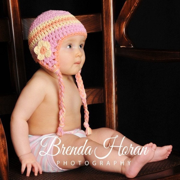 12 to 2T 24 Months - Pink, Peach Orange, Cream White Daisy Crochet Baby Earflap Beanie, Girl Cotton Hat, Photographer Prop, Photography Prop