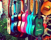 music photography, las guitarras, spanish guitars, Los Angeles, colorful rainbow musician, latin inspired, cherry red emerald green