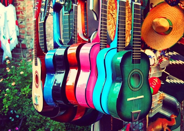 music photography, las guitarras, spanish guitars, Los Angeles, colorful rainbow musician, latin inspired, cherry red emerald green