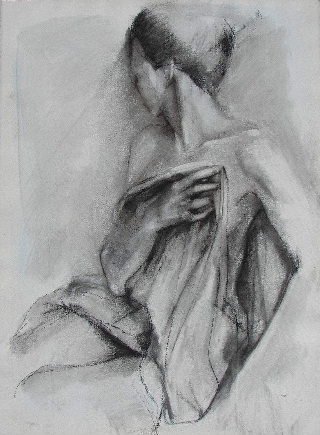 Charcoal Drawing of Female Model Holding Drapery.  Large Fine Art Print