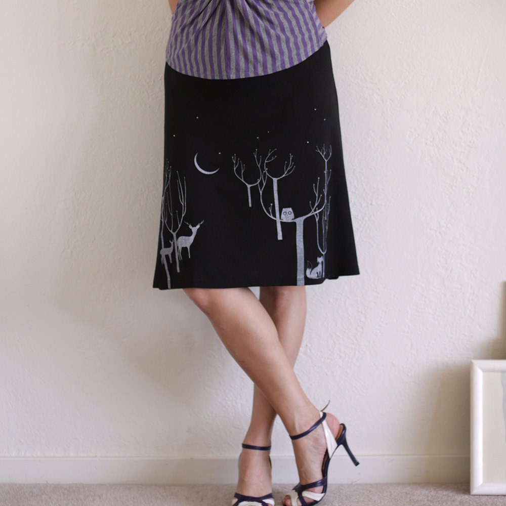 Womens Fashion - Black Jersey Knee Length A-line Skirt -Lovely Neighbors From the Woods-size Large
