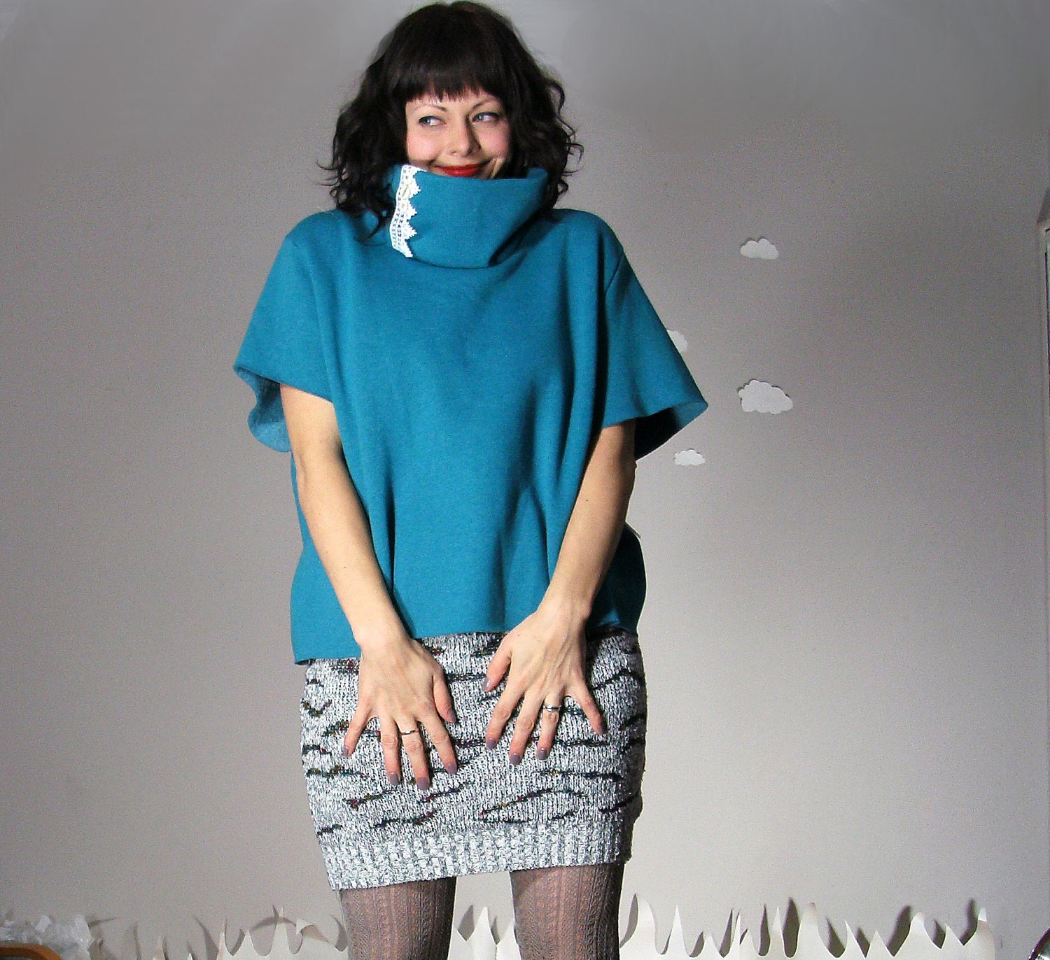 Custom cozy cowl sweatshirt handmade lace buttons sky blue custom HIDE N SEEK