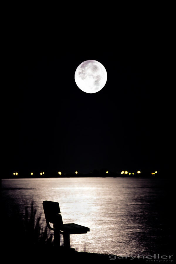 No One Was There -  Empty Bench, Moonlight over the Bay, Film, Double Exposure, Peace, Tranquility, Signed Print, Free Shipping