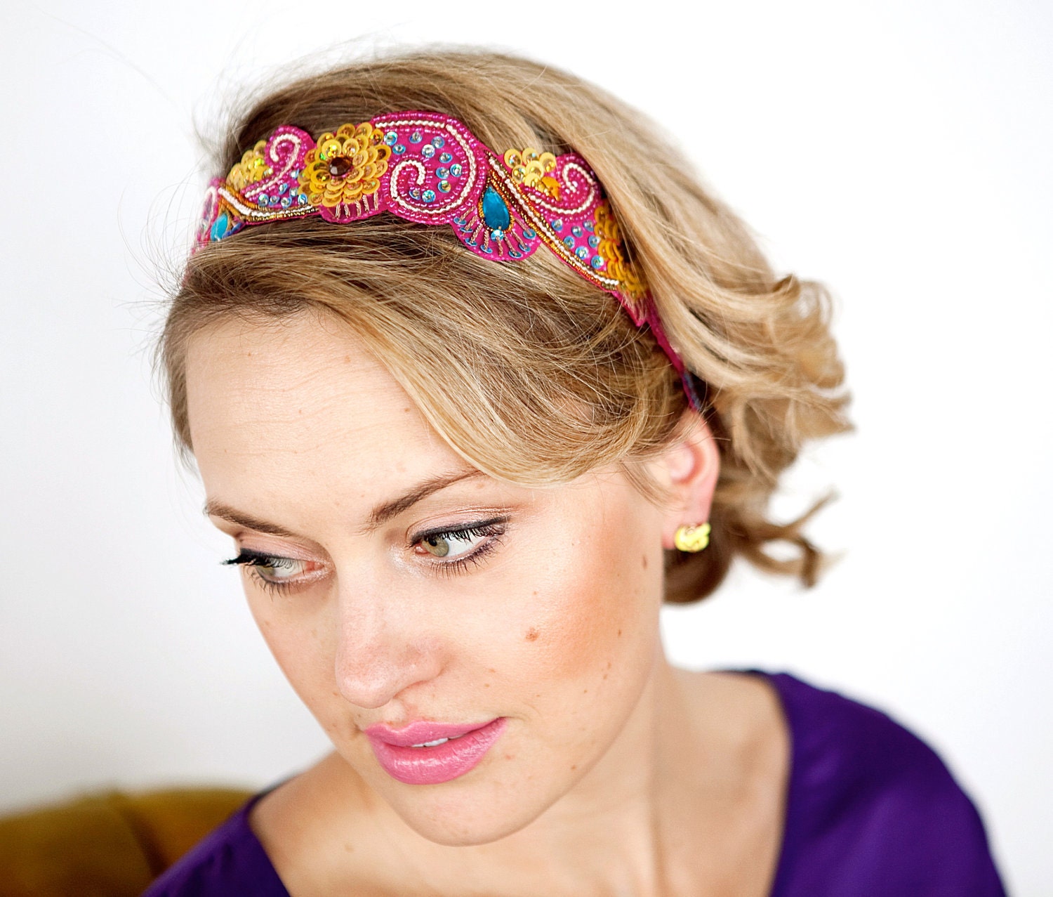 Bohemian Headband - Hot Pink, Turquiose Blue and Sunflower Yellow Womens and Teens