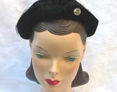 1950's Vintage Black Velour Hat with Self Antennae & Plastic Disks
