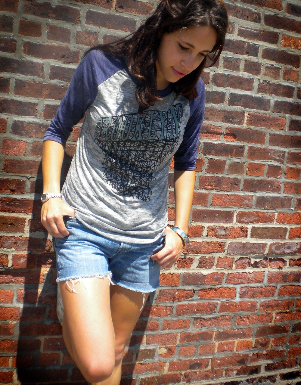 Baseball Tee, Brooklyn Sign in Burnout Grey and Navy for Men and Women - XS, S, M, L, XL